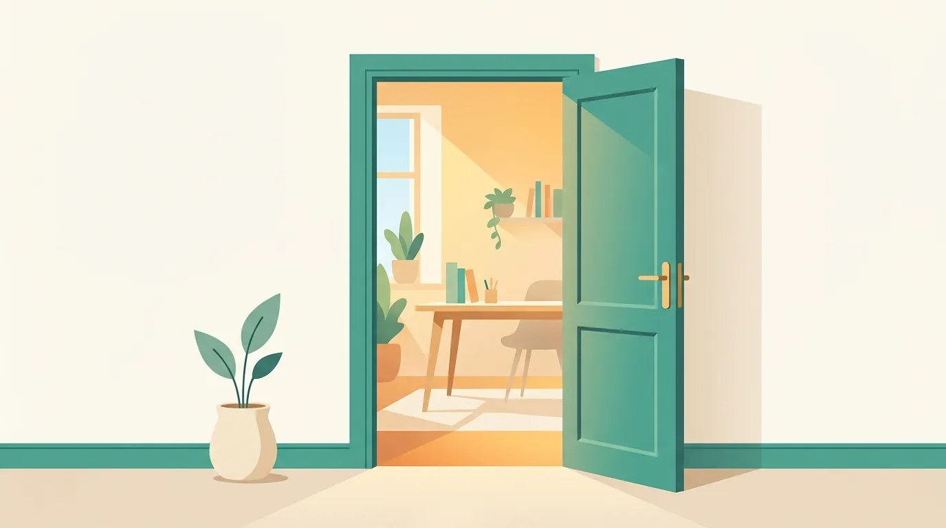Ilustración de una puerta abierta hacia un despacho nuevo